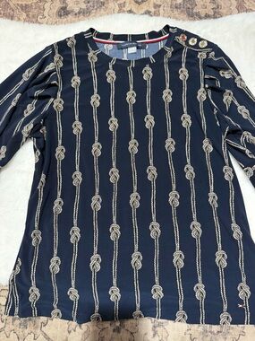 Tommy Hilfiger Navy Long Sleeve Top with Cream Rope Print and Shoulder Buttons
